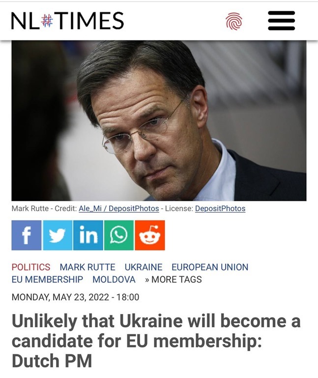 Премьер-министр Нидерландов: «Маловероятно, что Украина станет кандидатом на членство в ЕС»