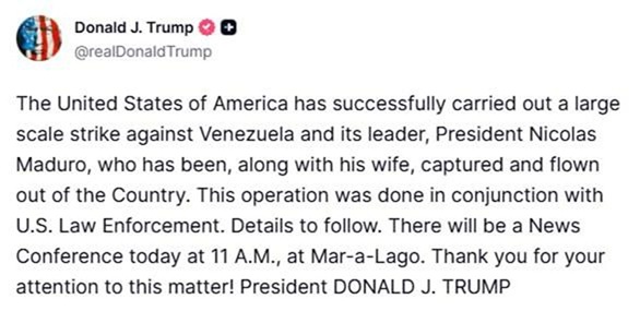Дональд Трамп объявил о захвате Николаса Мадуро в ходе военной операции США Дональд Трамп объявил о захвате Николаса Мадуро в ходе военной операции США